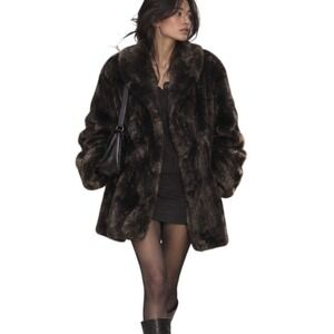 Vintage 1980s Faux Fur Coat Oversized Longline Black‎ Large Glam Mob Wife Luxury